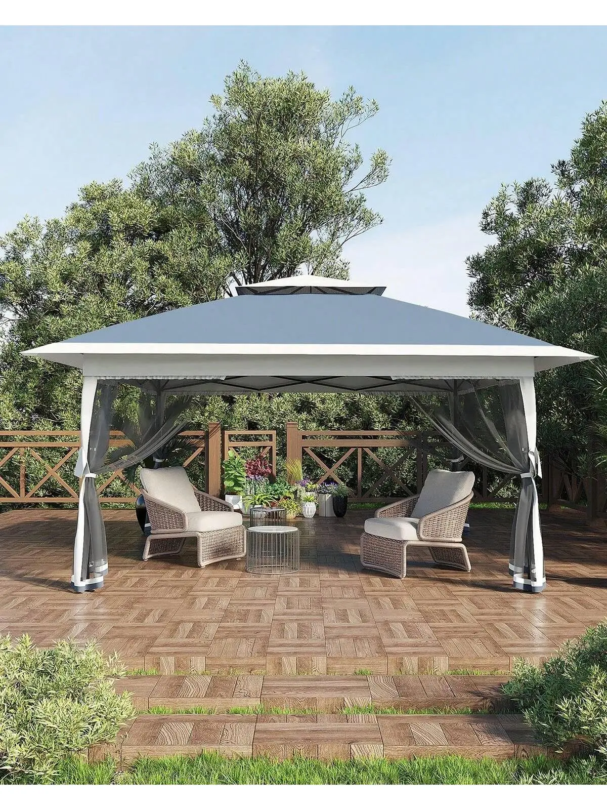 【Christmas Gift】Haze Blue- Pop Up Gazebo 12x12,Canopy Tent With Mosquito Netting, One Push Setup For Backyard Patio Garden With 4 Sand Bags- Navy Blue