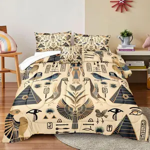 3 PCS Ancient Egyptian Culture Embroidered U-Shaped Quilt Set (1 quilt + 2 pillowcases, without pillow core), quilt filling 200gsm, soft and breathable, suitable for bedroom, dormitory and home decoration, multiple size options