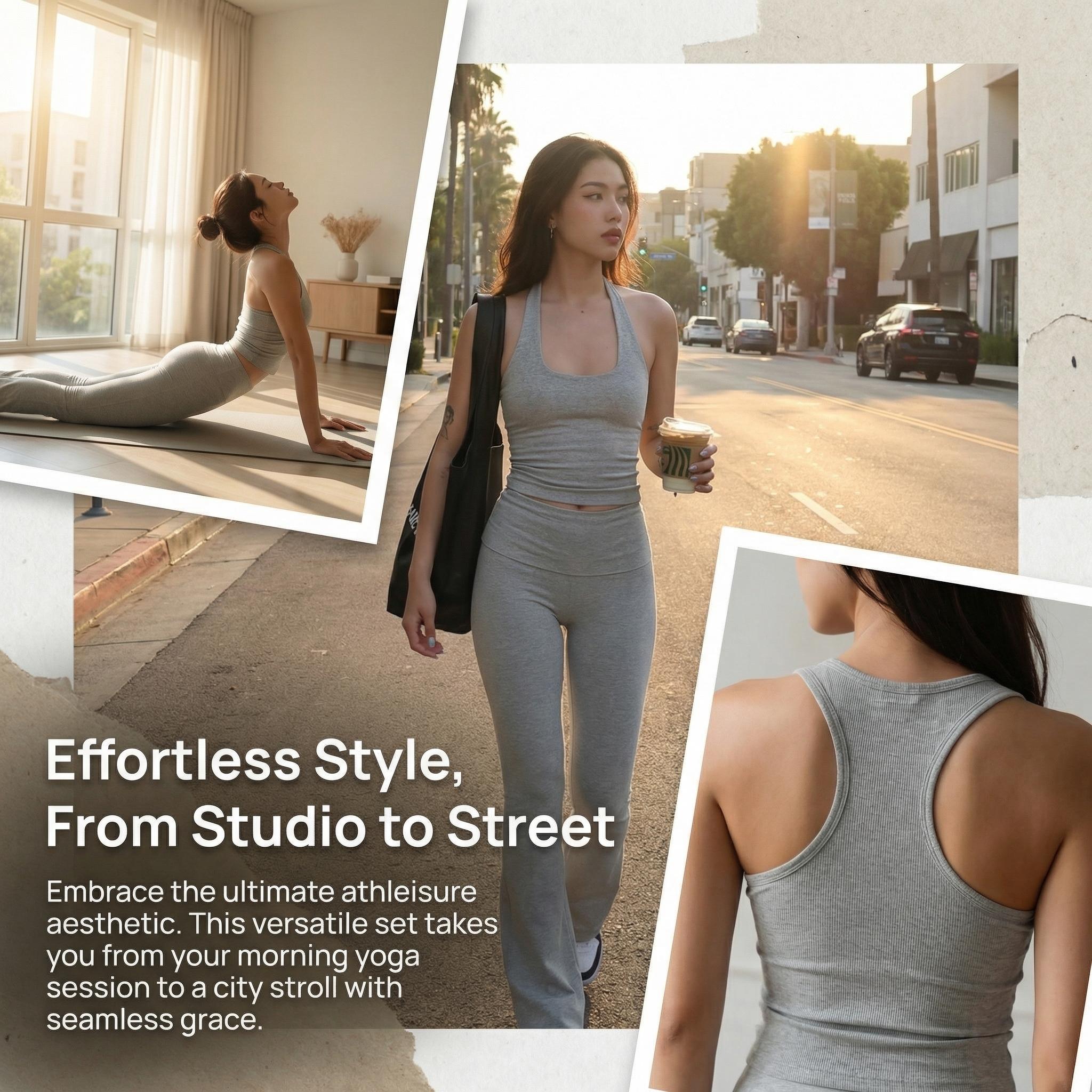 Women’s Light Gray Halter Crop Top & Flare Pants Set 2 Piece Lounge Outfit Sleeveless Backless Fitted Tank with High Waist Flared Leg Pants Soft Stretchy Matching Set for Casual Daily Wear Travel Airport Weekend and Going Out - Fabric, Womenswear