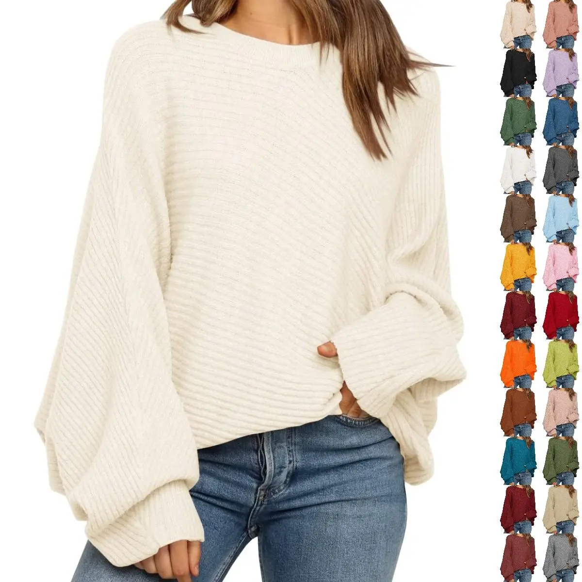 Women's Slouchy Crew Neck Knitwear, Cable-Knit Pullover Sweater with Batwing Long Sleeves, Breathable Cotton Fabric Top, Everyday, Woven, Batwing Puff, Lightweight, Style, Yarn, Elegant, Fit, Lady, Elastic, Round Neck