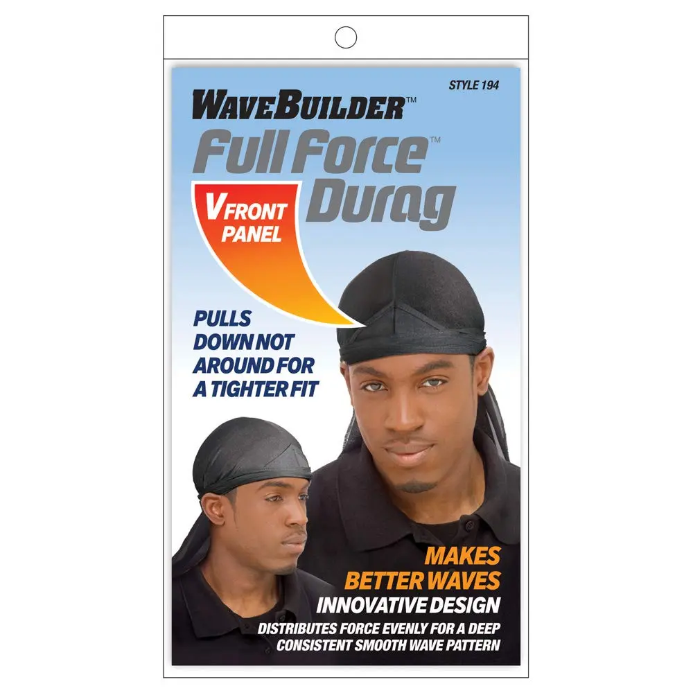 WaveBuilder Full Force Durag for Males - Plain, Fitted, Sturdy, Lightweight, Breathable, Perfect Size Patented V-Front Panel Durag with Premium Materials for Smooth Deep Waves, Black, Hand Wash Only, Patented Fit