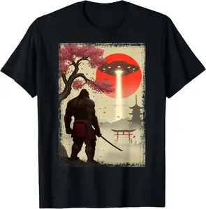 Japanese Samurai Bigfoot UFO Ukiyo-e Katana Vintage Graphic Summer Casual Shortsleeve Cotton T-Shirt