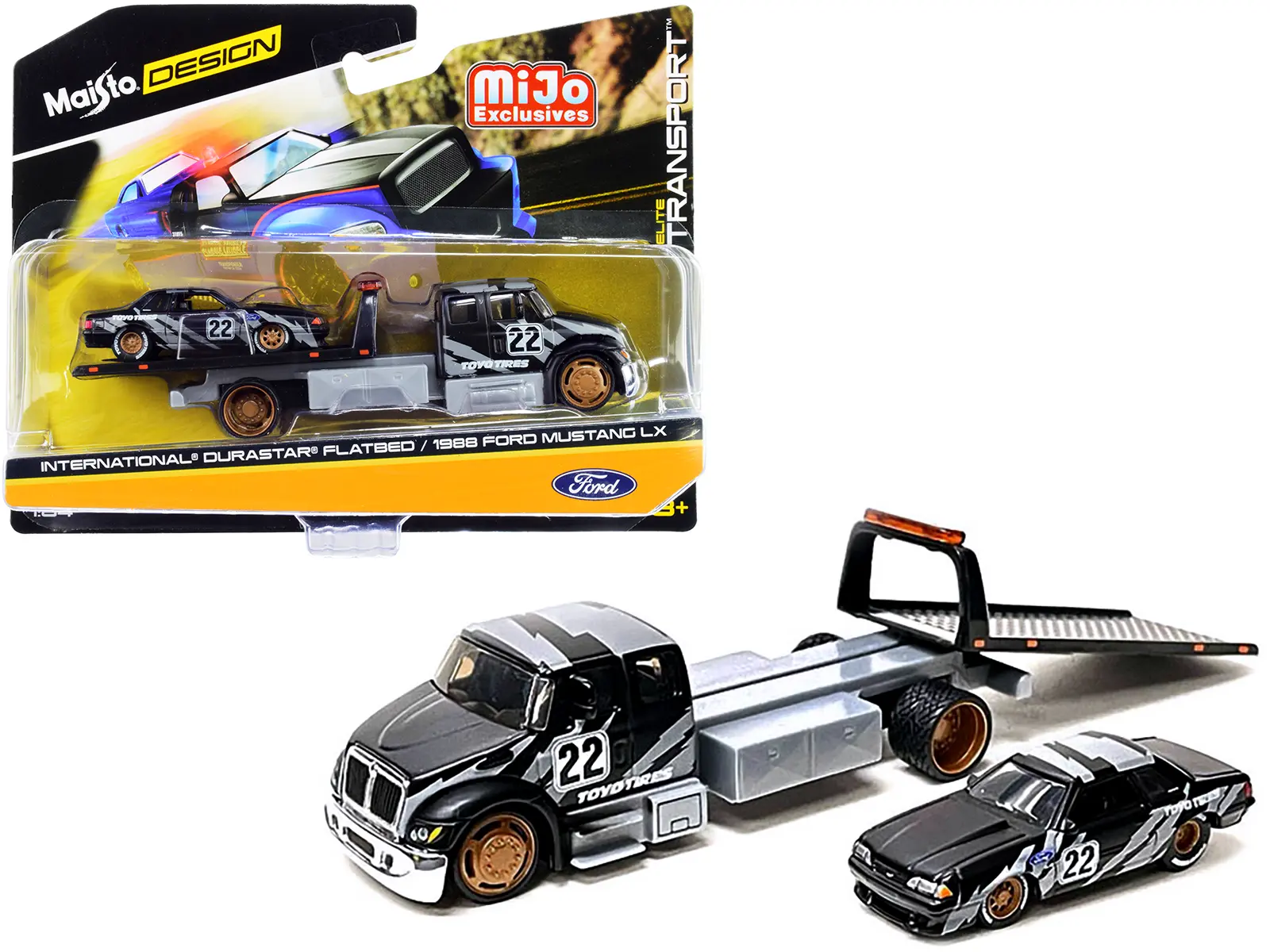 International DuraStar Flatbed Truck #22 and 1988 Ford Mustang LX #22 Matt Black w/Gray Graphics 1/64 Diecast Models by Maisto