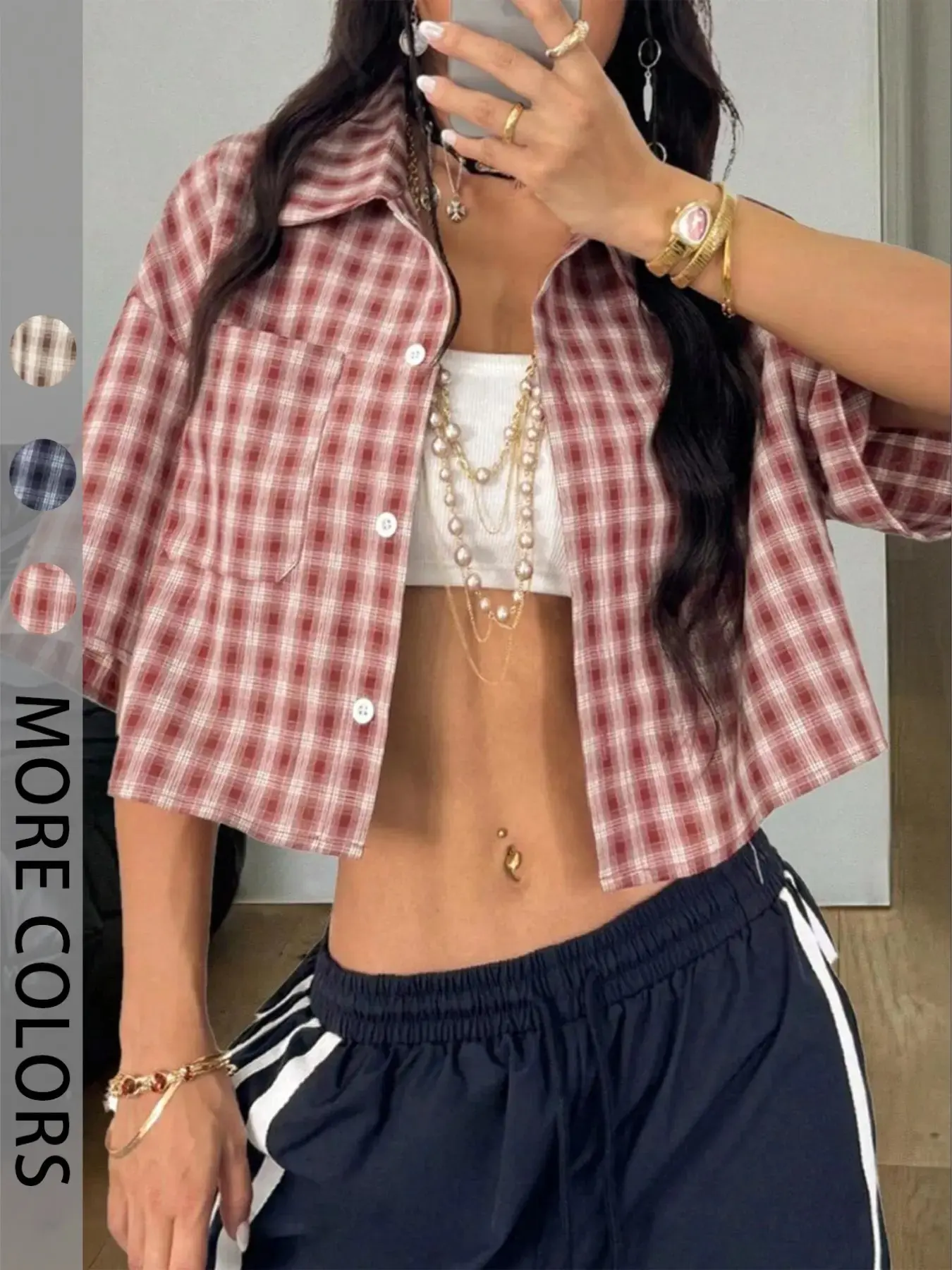 Women's Spring Summer Vintage College Style Plaid Loose Crop Top Blouse Shirt, Perfect for New Year Christmas Wear, Casual Fashion, Cropped