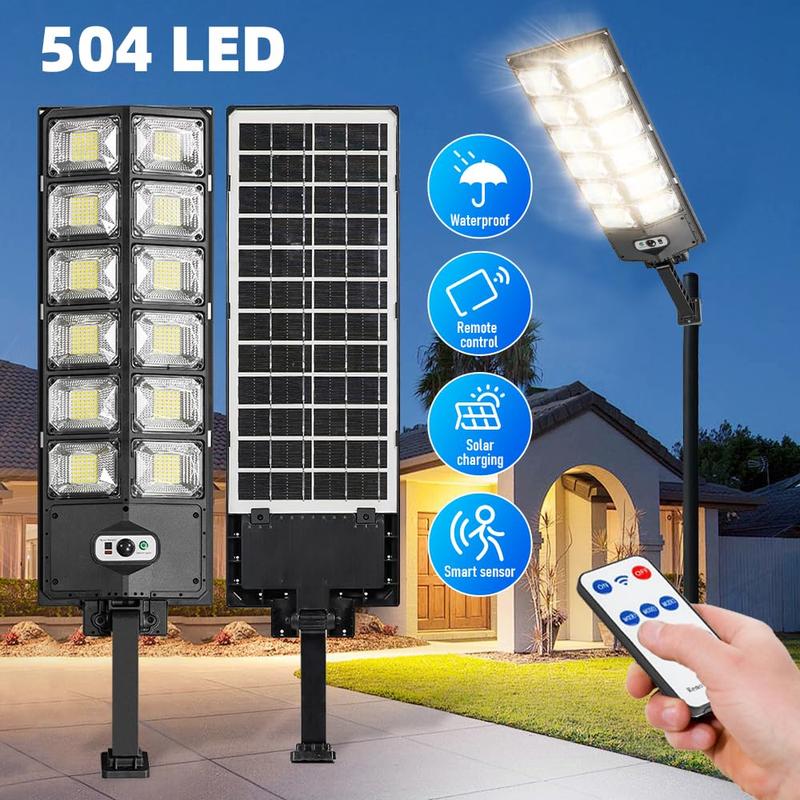 504LED Ultra-Bright Solar 6500K Solar Street Light - Wide Angle Motion Sensor, Remote Control,Solar Street Light Outdoor,Dusk to Dawn, and Adjustable - Perfect for Commercial Area, Parking Lot, Yard, and Outdoor Lighting.