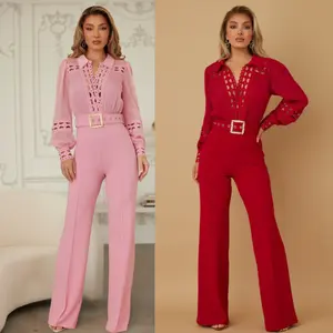 CROCHET DETAILED WOVEN TOP FASHON JUMPSUIT Chic Collar Womenswear Breathable Long Sleeve Fashion