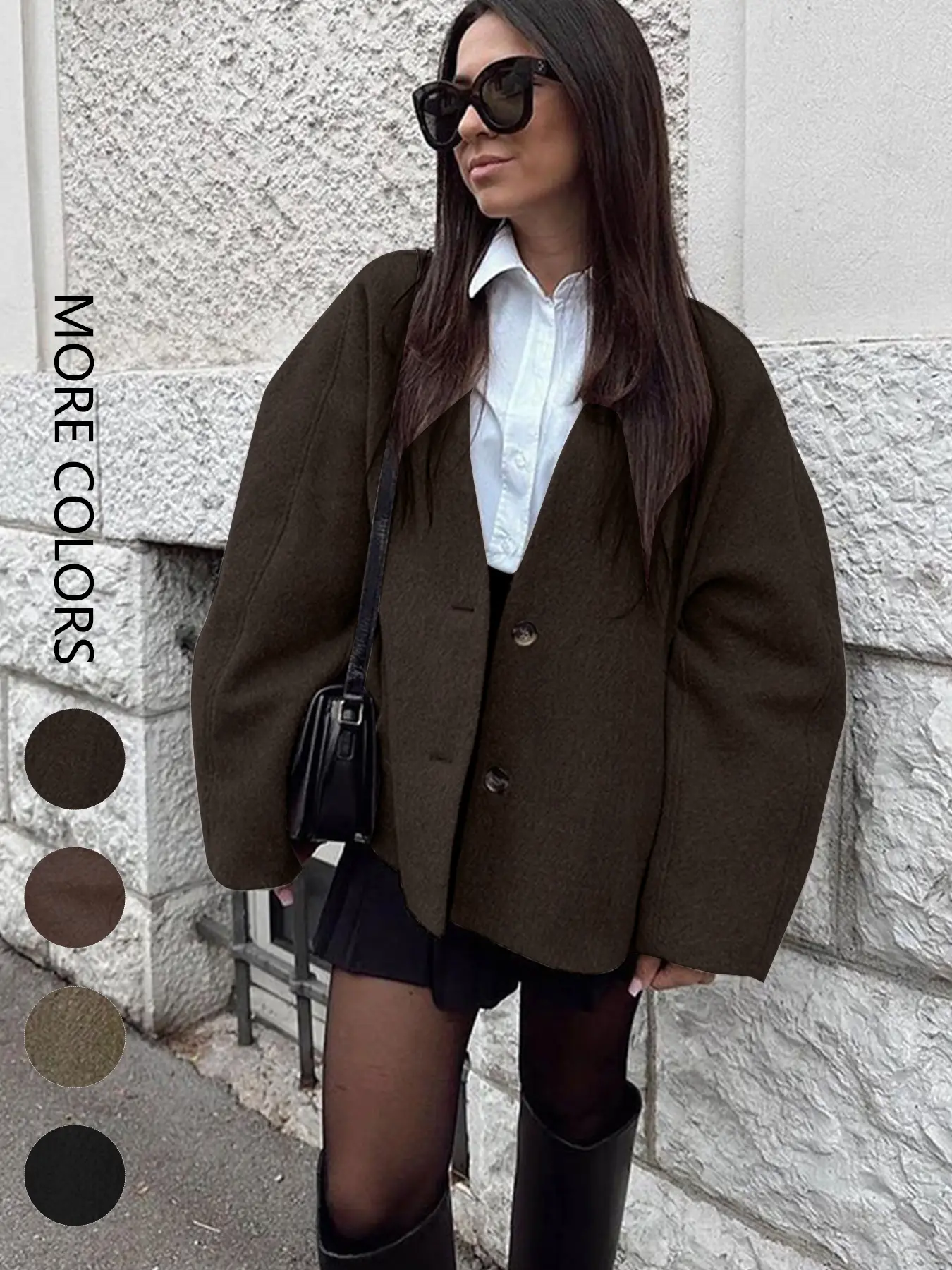 Women's Sexy Button Front Wool Coat, Loose Fit Long Sleeve Deep V Neck Jacket, Casual Fashion Outerwear for Fall & Winter