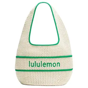 Lululemon Cotton Crochet 7L Tote Bag for Women – Minimalist Logo Embroidery, Light Beige and Track Green
