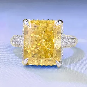 New silver yellow rectangular gem-cut ring 10*12mm ring Hot fashion in Europe and America