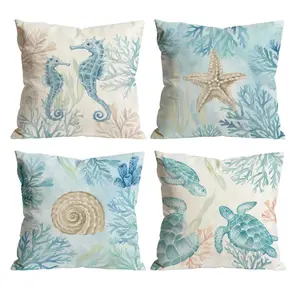 Coastal Throw Pillow Covers Set of 4 | Watercolor Seahorse Starfish Turtle Seashell Coral Cushion Covers for Sofa Bedroom Car Vacation Party Home Decor 0511YM