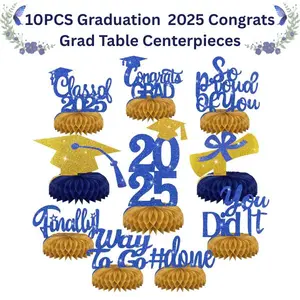 10PCS Graduation Party Decorations Class of 2025 Congrats Grad Table Centerpieces Congratulate Graduation Honeycomb Table Toppers for Graduation Party Supplies