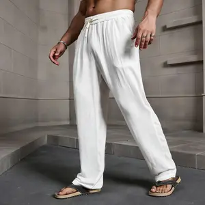 Men’s casual loose-fit drawstring pants, breathable linen casual pants, comfortable fit design, second-skin feel design, comfortable to wear, available in multiple colors, perfect for summer leisure, vacations, and home wear.