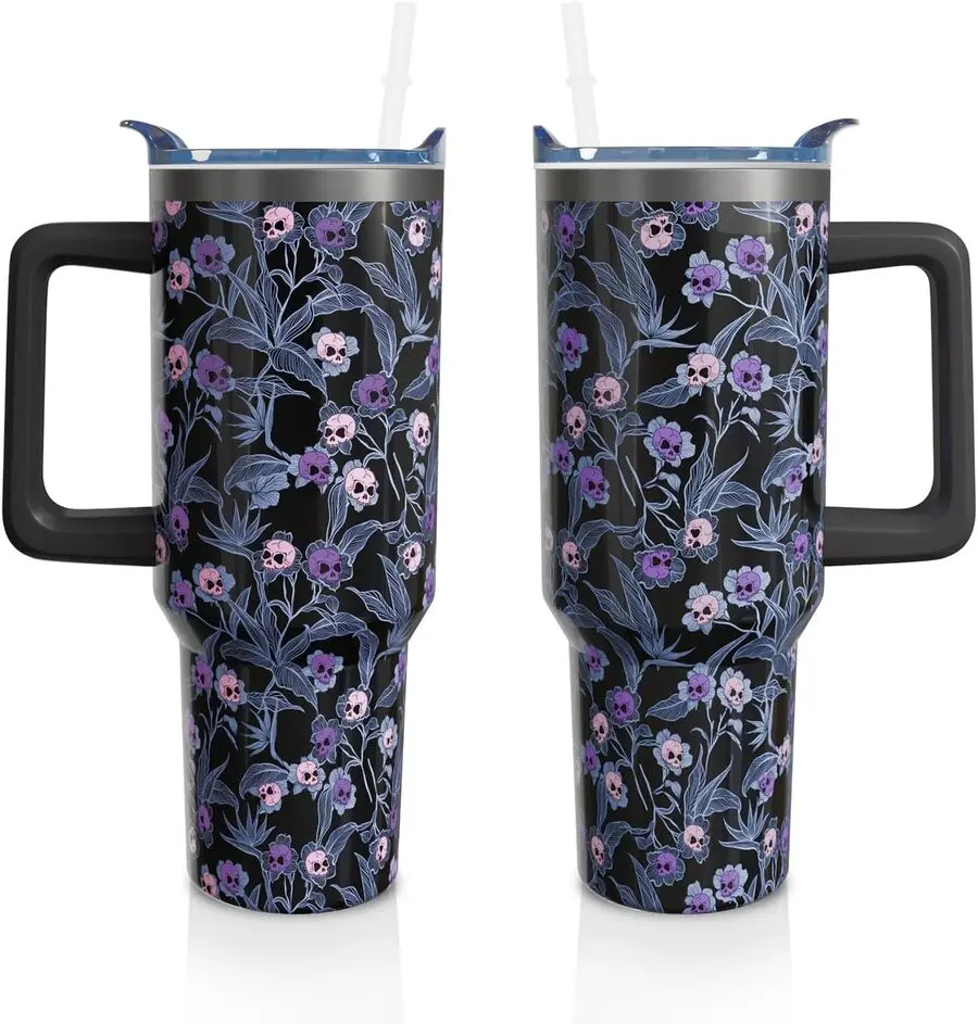 40oz Gothic Skull Halloween Insulated Stainless Steel Thermal Tumbler - Cup with Lid, Handle, Straw - Casual Kitchenware Drinkware for Coffee - Ideal Birthday Gift for Son, Sister (1PC), Happy Birthday, Boy