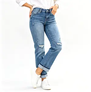 Women's Medium Blue Wash Stretchy Ripped Straight Leg Jeans - Mid Rise, Button-Flap, Roll Cuff Hem, Destroyed Holes, Soft Casual Daily Streetwear Trouser
