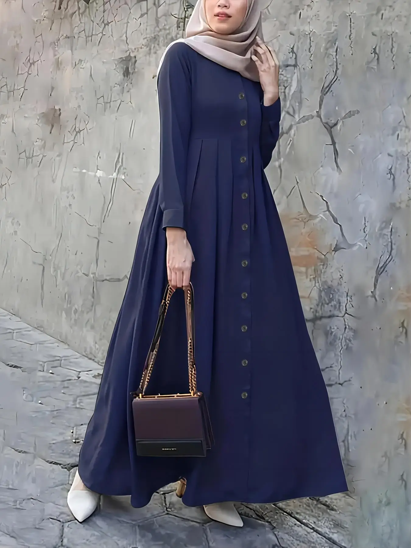 Arabic Clothing-Solid Button Front Plicated Long Dress, Modest Long Sleeve Round Neck A Line Dress for Women, Women's Islamic Clothing for All Seasons