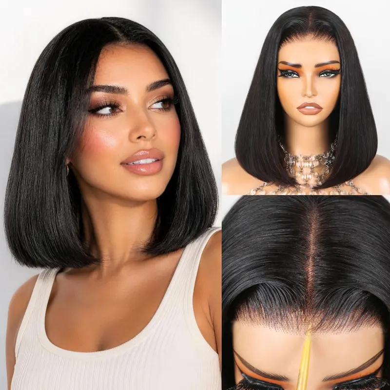Hersmile Raw Vietnamese Hair Bob Wig Human Hair for Women 5X5 HD Lace Closure Wigs Human Hair Straight Human Hair Wigs  Pre Plucked Pre Cut Real Pre Bleached Knots Super Doublle Drawn 200% Density Virgin Human Hair Bone  Straight  Wigs