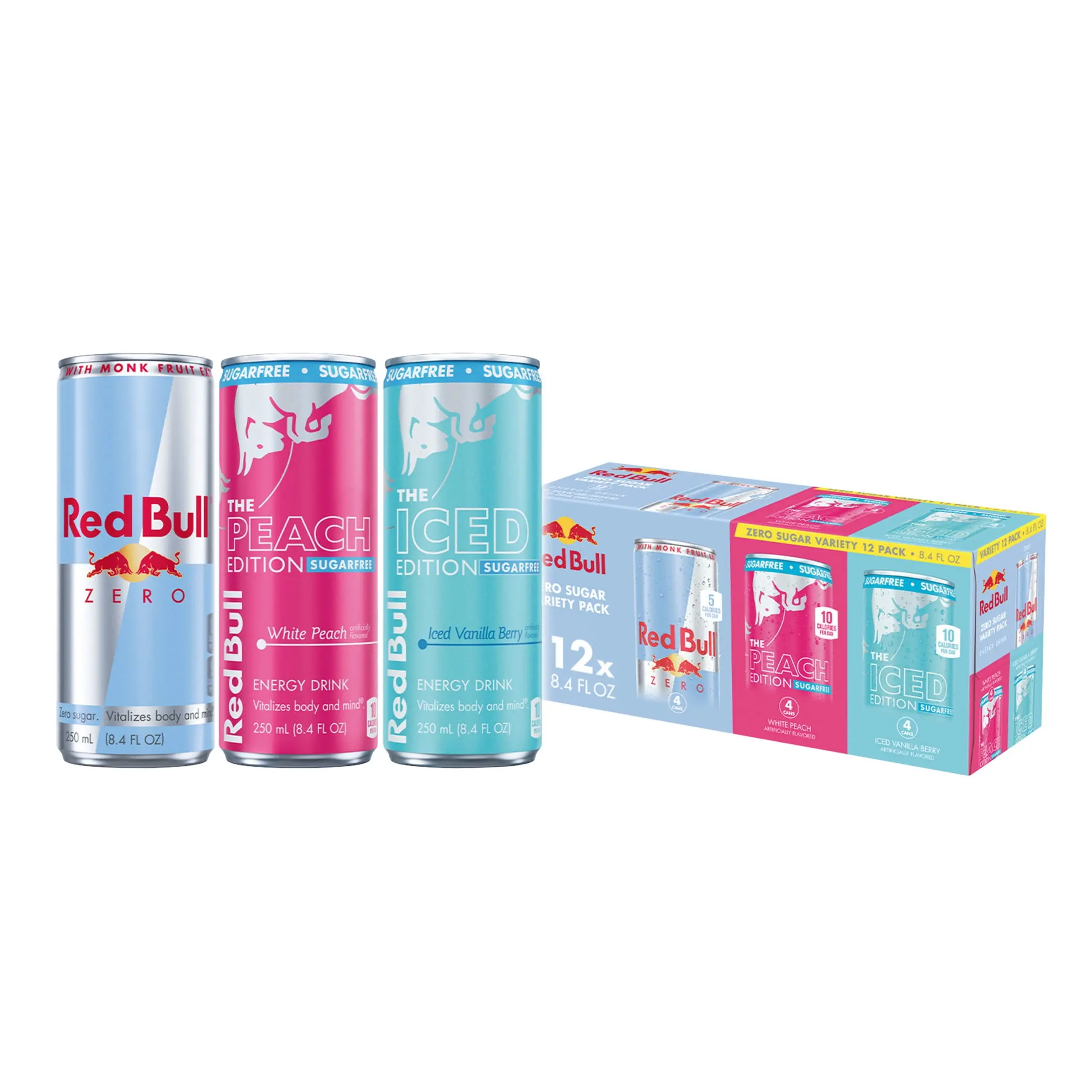 Red Bull Energy Drink SugarFree Variety Pack,  Zero,  Peach,  Iced Vanilla Berry