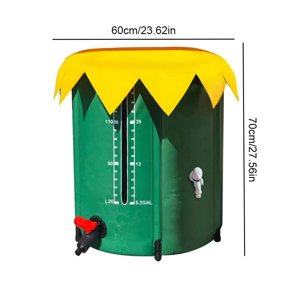 52 Gal Foldable PVC Plastic Water Storage Tank - 1 Rain Barrel with Sunflower Lid, 3 Spigots, 27.56x23.62x23.62inch/700.00x600.00x600.00mm Collapsible Container for Home Care Supplies, Rainwater Reuse