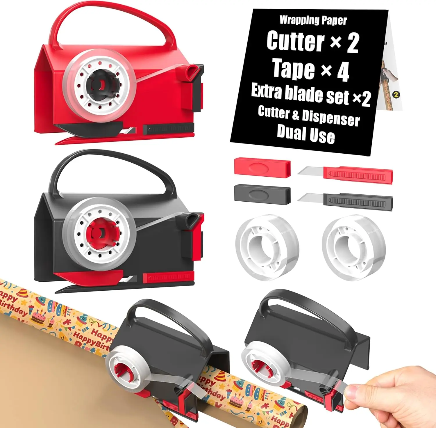 2-Pack  Wrapping Paper Cutter & Tape Dispenser Kit, Includes 4 Rolls Tape & 2 Replacement Blades, Sliding Roll Slicer Holder for Christmas Kraft Cellophane Paper, Home Office Classroom Birthday Gift Cutting Supplies