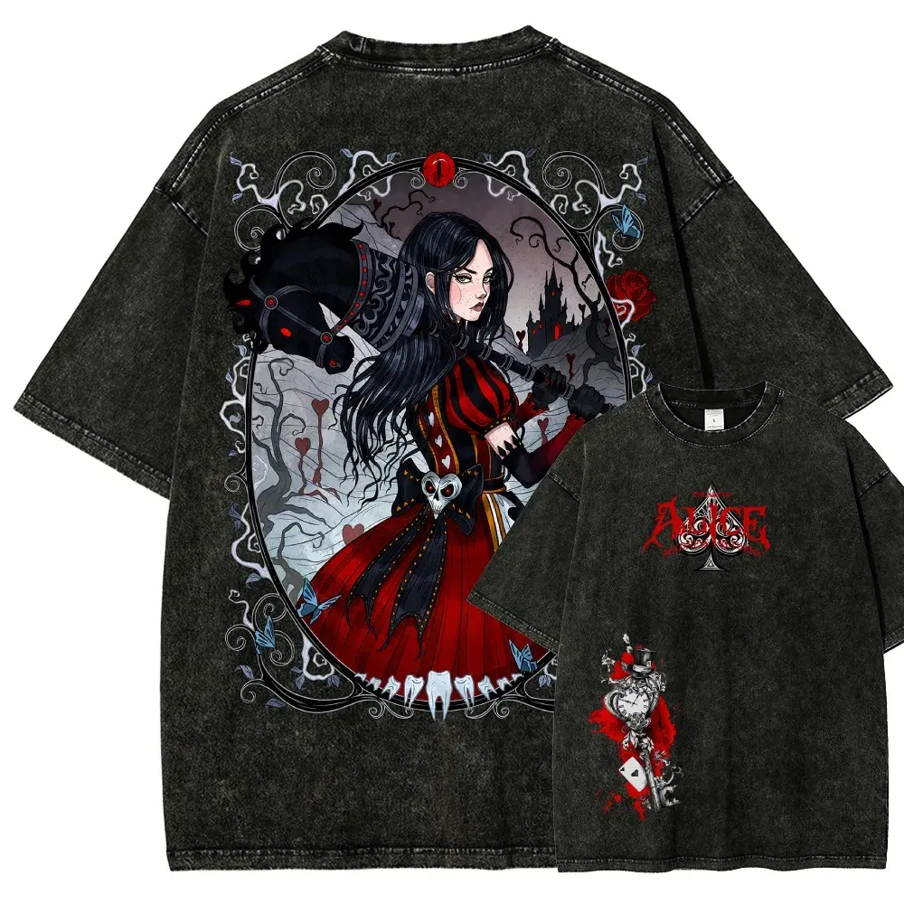 Alice Gothic Wonderland Graphic Washed T Shirt for Men Women, Dark Fantasy Queen Character Print Oversized Streetwear Tee, 100% Cotton Vintage Distressed Short Sleeve Top, Retro Y2K Casual Shirt for Anime Fans, Gothic Lovers, Festivals & Daily Outfits