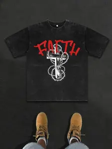 Men'S Vintage Washed Christian Faith Graphic T-Shirt - Oversized Relaxed Fit Water-Washed with Distressed Cross & Baph Print, Soft Breathable Short Sleeve Crew Neck Casual Summer Chu Easter, Music Festival, Mother's Day Gifts