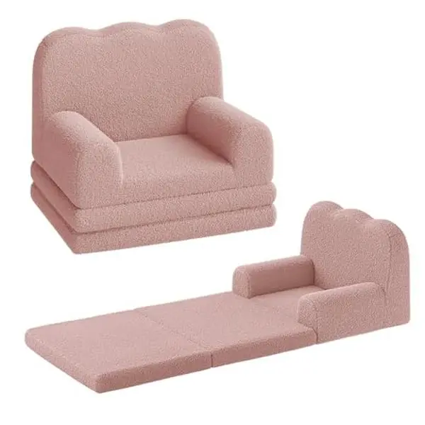 Pink Kids Foam Couch, 2-in-1 Convertible Toddler Sofa-Lounger with Soft Sherpa, Gift for Boys and Girls
