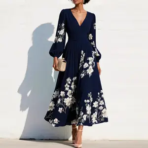 Elegant Floral Pattern V Neck Ruffle Hem Long Sleeve Maxi Dress for Women Party Cocktail
