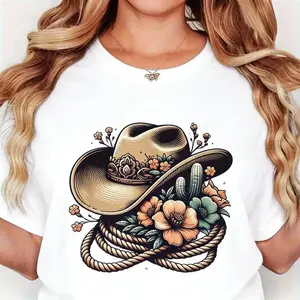 Women's Vintage Floral Cowboy Hat Graphic T-Shirt, Soft 100% Cotton Casual Short Sleeve Crew Neck Tee Shirt, Western Style Design with Cactus & Rope Accents, Black Retro Print Tee for Casual Attire Tops Womenswear Crewneck Fitted