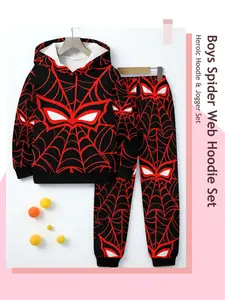 Boys and Spider Web Pattern Hoodie Set with Jogger Pants, Cool Hero Theme Casual for Spring and Fall Kids Wear