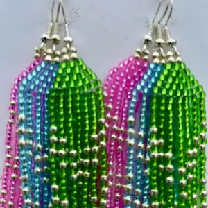 Iridescent Metallic Blue Green Pink Silver Beaded Earrings with Fringe Design