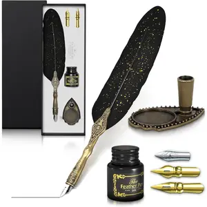 Vintage black feather quill pen and ink set with stainless steel nib and stand for calligraphy beginners, authors, writers—unique gift, vintage decor for home and office