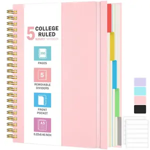 5 Subject Notebooks College Ruled, Spiral Lined Notebook with Removable Dividers, 300 Pages 100GSM Thick Spiral Writing Journal for Women & Men, Large A5 Notebooks for Work, School Supplies, 6" x 8"