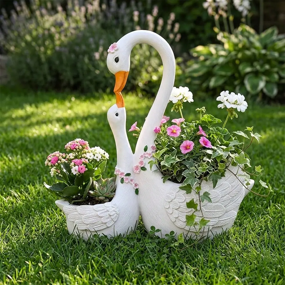 White Couple Swan Planter Resin Flower Pot, Double Succulent Planter for Outdoor Garden Patio Lawn Decor, Romantic Swan Figurine Planter Indoor Tabletop Home Decor Gift