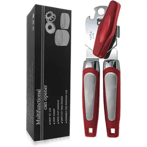 Can Opener Manual, Handheld  Heavy Duty Stainless Steel Can Opener, Comfortable Handle,   Smooth Edge, Can Openers with Multifunctional Bottle Opener, Red