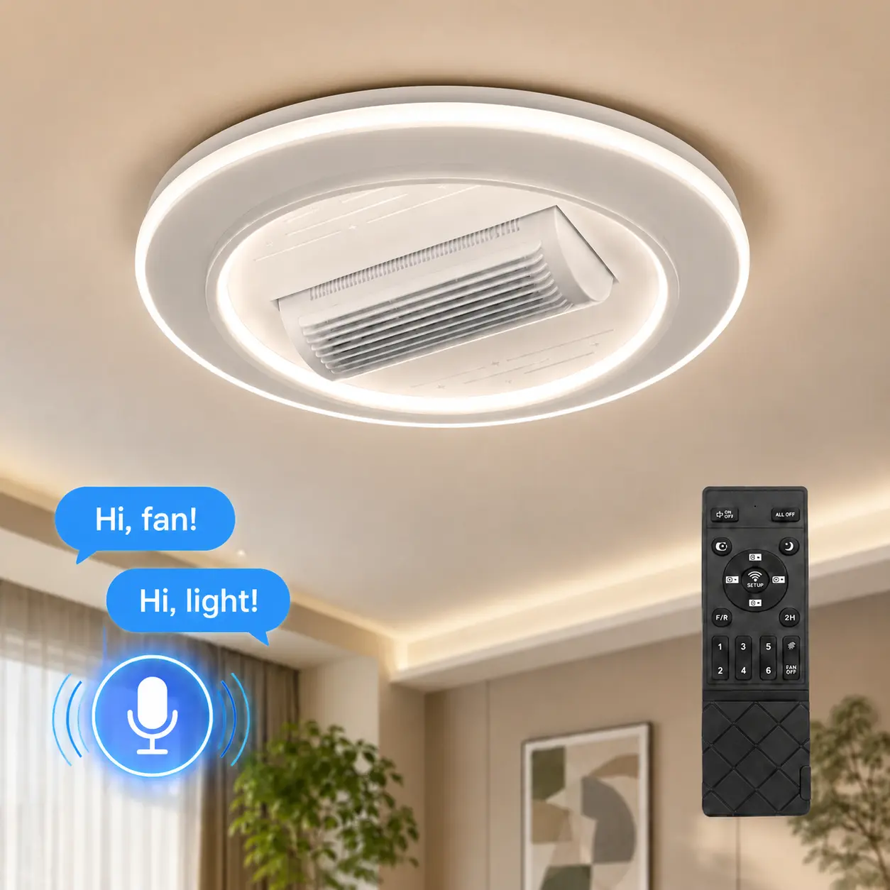 Smart Bladeless Ceiling Fan with Light, Full Spectrum Eye Friendly LED Fan Light, AI Voice Control, 3000K-6000K Dimmable Silent Fan Lamp for Indoor Home