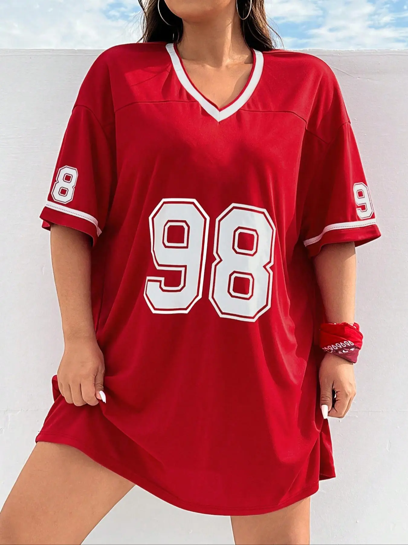 【Plus Size】 Number Print V Neck Dress, Casual Chic Dress, Casual Fashionable Dress, Casual Street Dress for Summer, Women's Plus Clothing for Daily Wear