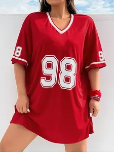 【Plus Size】 Number Print V Neck Dress, Casual Chic Dress, Casual Street Dress for Summer, Women's Plus Clothing for Daily Wear