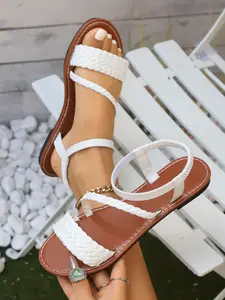 New Flat Sole Sandals Soft Bottom Elastic Strap No Chafing Breathable Hollow Out Upper Material PU Rubber All Seasons Casual Style