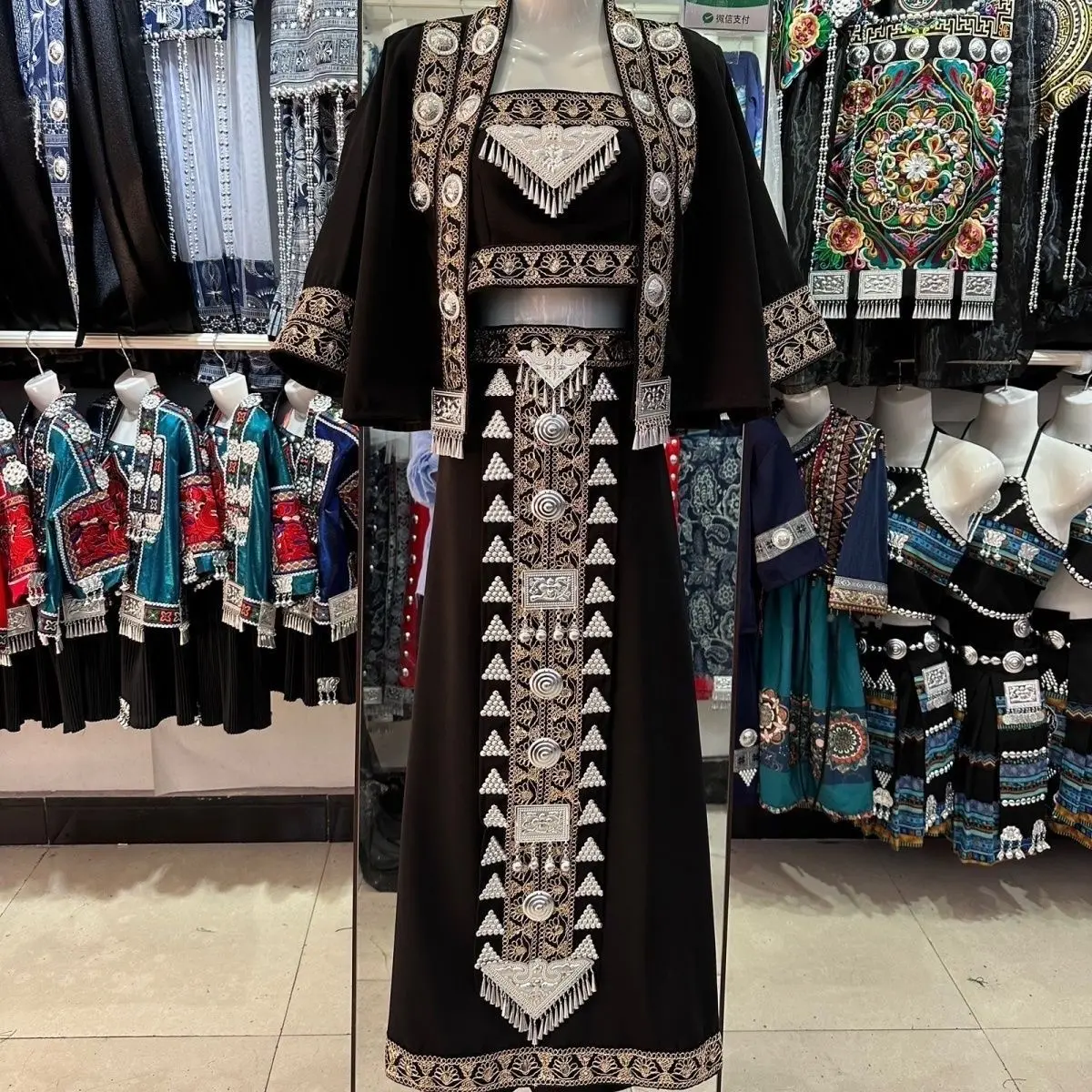 Lady's Ethnic 3-Piece Dress Set - Metallic Cape Jacket, Crop Top & Long Skirt with Woven Patterning for Festivals