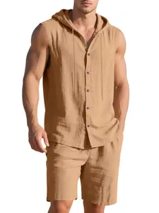 Men's Summer Linen Sleeveless Set, Hooded Design, Loose Fit Shorts, Breathable Skin-Friendly Material, Casual Beach Vacation