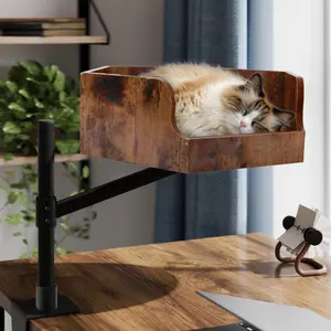 Cat Desk Bed with Dual-Protection Locking & 360° Rotation Adjustable - Super Sturd Space-Saving Perch, Easy Install Modern Design - Supports 28lbs (Walnut/Aluminum Surface)