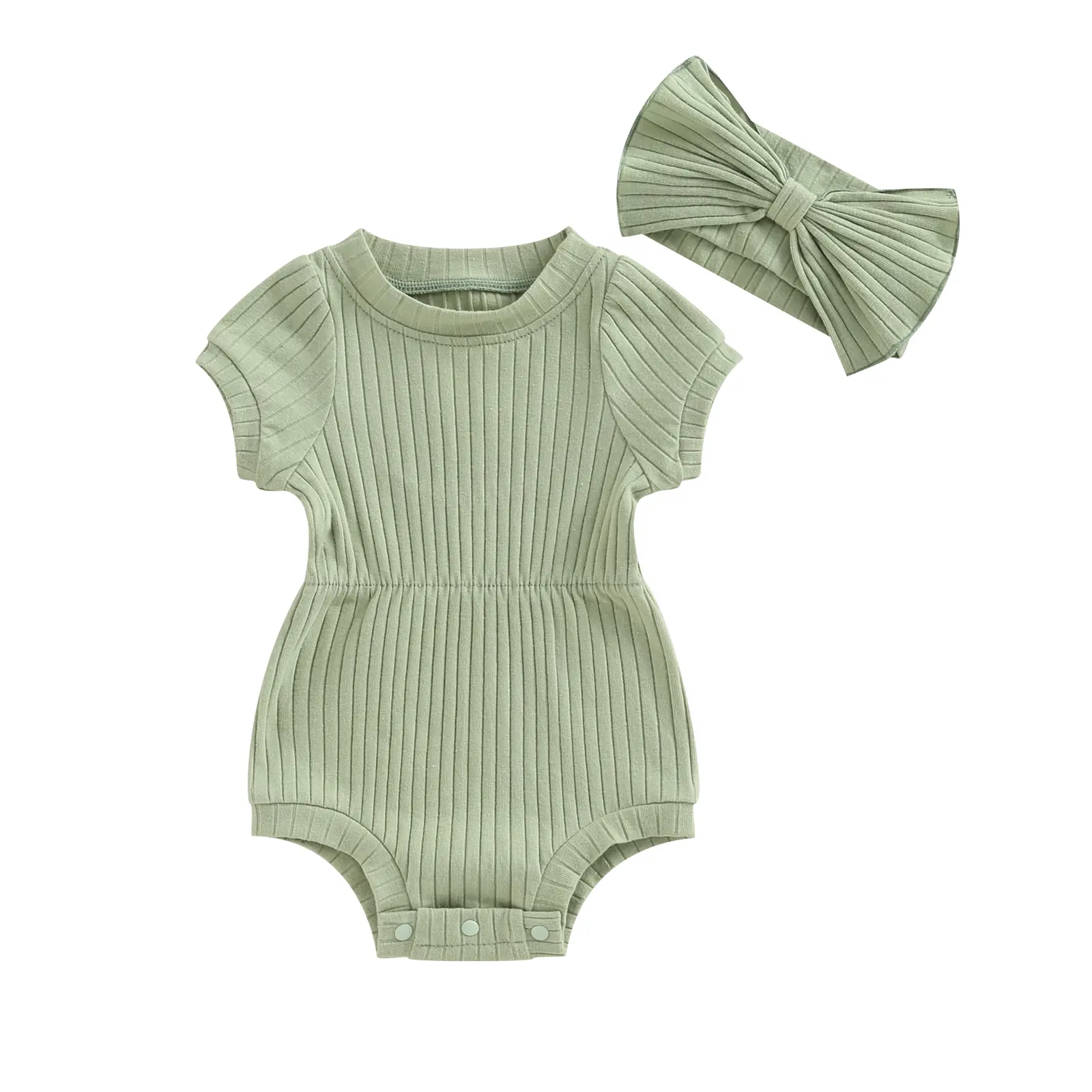 Newborn Baby Girl 2 Piece Outfits Short Sleeve Knit Jumpsuit Romper With Headband Summer Clothes