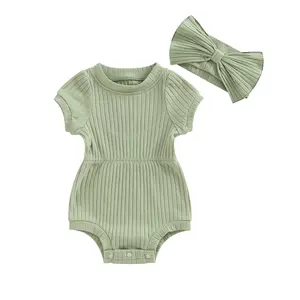 Newborn Baby Girl 2 Piece Outfits Short Sleeve Knit Jumpsuit Romper With Headband Summer Clothes
