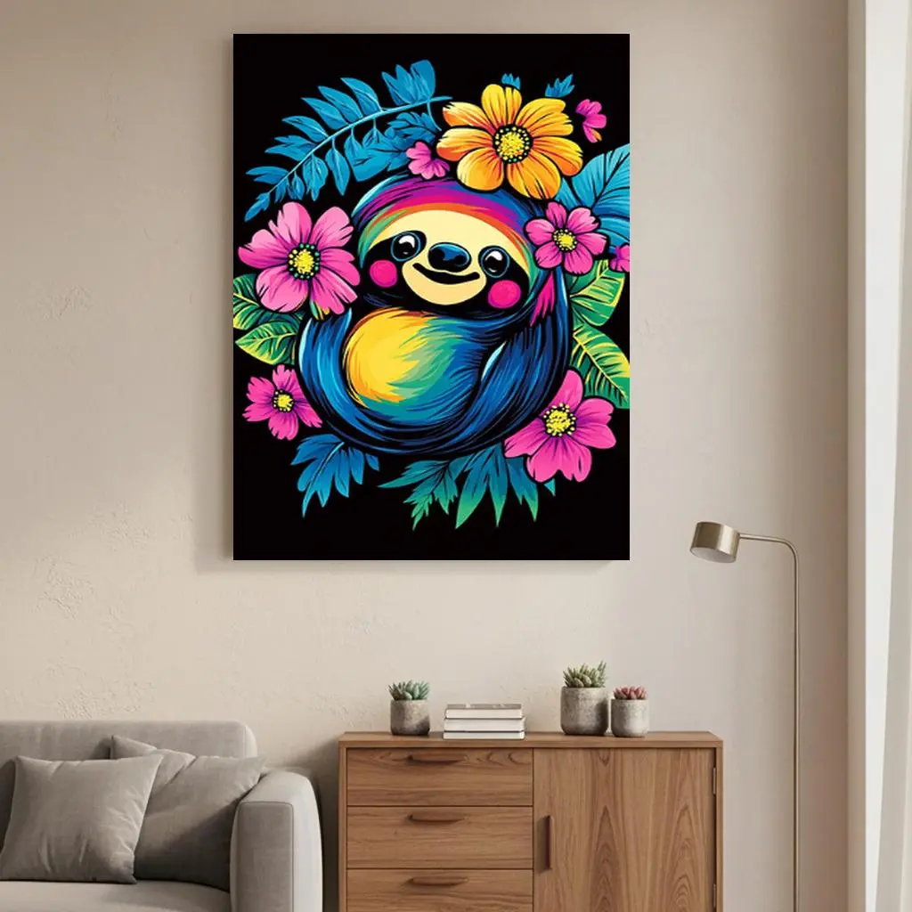 Artistic 1-Piece Glossy Decorative Wooden-Framed Sloth Canvas Wall Art Print, Multi-Size (24×36Inch(60×90Cm),20×30Inch(50×75Cm),2×0.9in) Ready-to-Hang Poster, Home Decor for Bedroom, Living Room, Festival Gifts