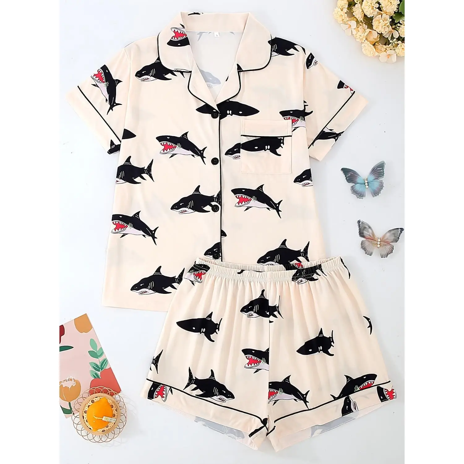 Women's Cartoon Shark Print Pajama Set – Short-Sleeve Collared Top and Elastic Waist Shorts for Relaxed Sleepwear and Loungewear
