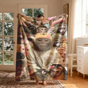 Funny Monkey Patchwork Blanket, Soft Flannel Throw, Large Size, Perfect for Bed, Sofa, Office, Camping, Travel, Spring Gift, Flannel Fleece Blankets