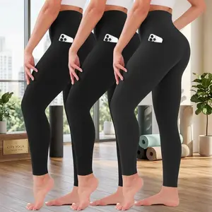 Women's High Waisted Tummy Control Yoga Pants with Pockets - 3 Pack Soft Stretchy Leggings for Workout Running Fitness Gym Lounge Comfortable Breathable Moisture Wicking Activewear