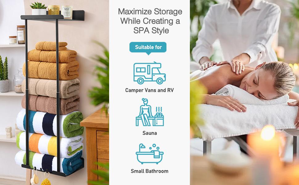 Bathroom Retractable Towel Storage Rack, Towel Racks for BathroomWall Mounted 30 inch with Shelf Can Holds 6 Large Towels,Wall Mount Towel Rack for Rolled Towels, Black