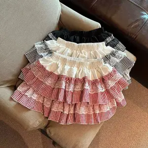 Sweet Pumpkin Plaid Lace Tutu Skirt, High Waist Slim Tiered Cake Mini Skirt for Young Girls