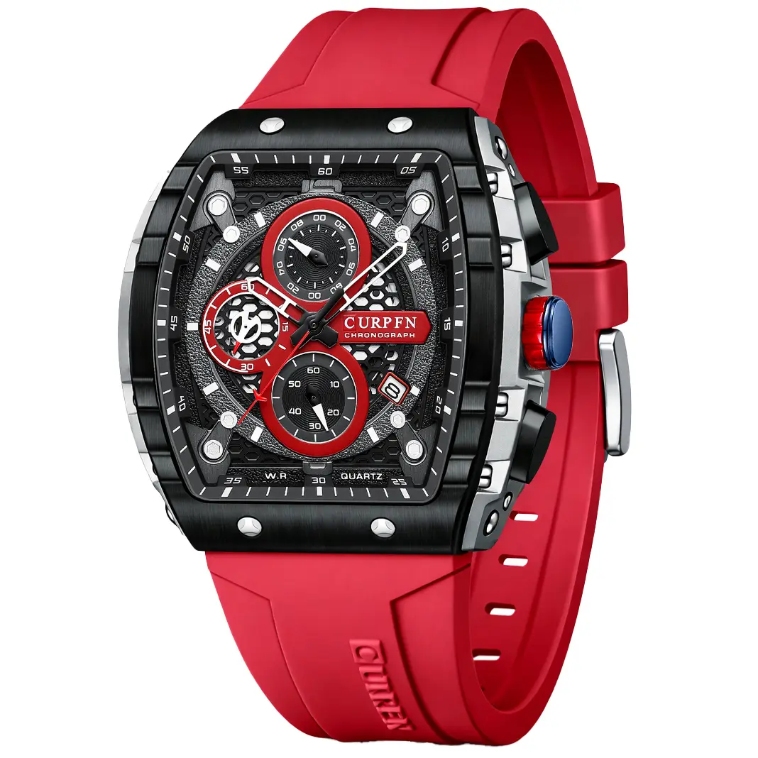 PASOY Men's Analog Sport Watch, Bold Chronograph with Large Dial and Red Silicone Strap, Durable Quartz Movement with Slide Rule, 30M Waterproof, Rubber Strap, 12 Months, Date, Clasp, Calendar, Alloy, 30M - 50M